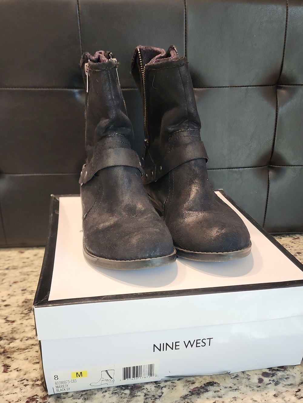 Nine West Maxie3y Black Suede Ankle Boots with Moto Strap